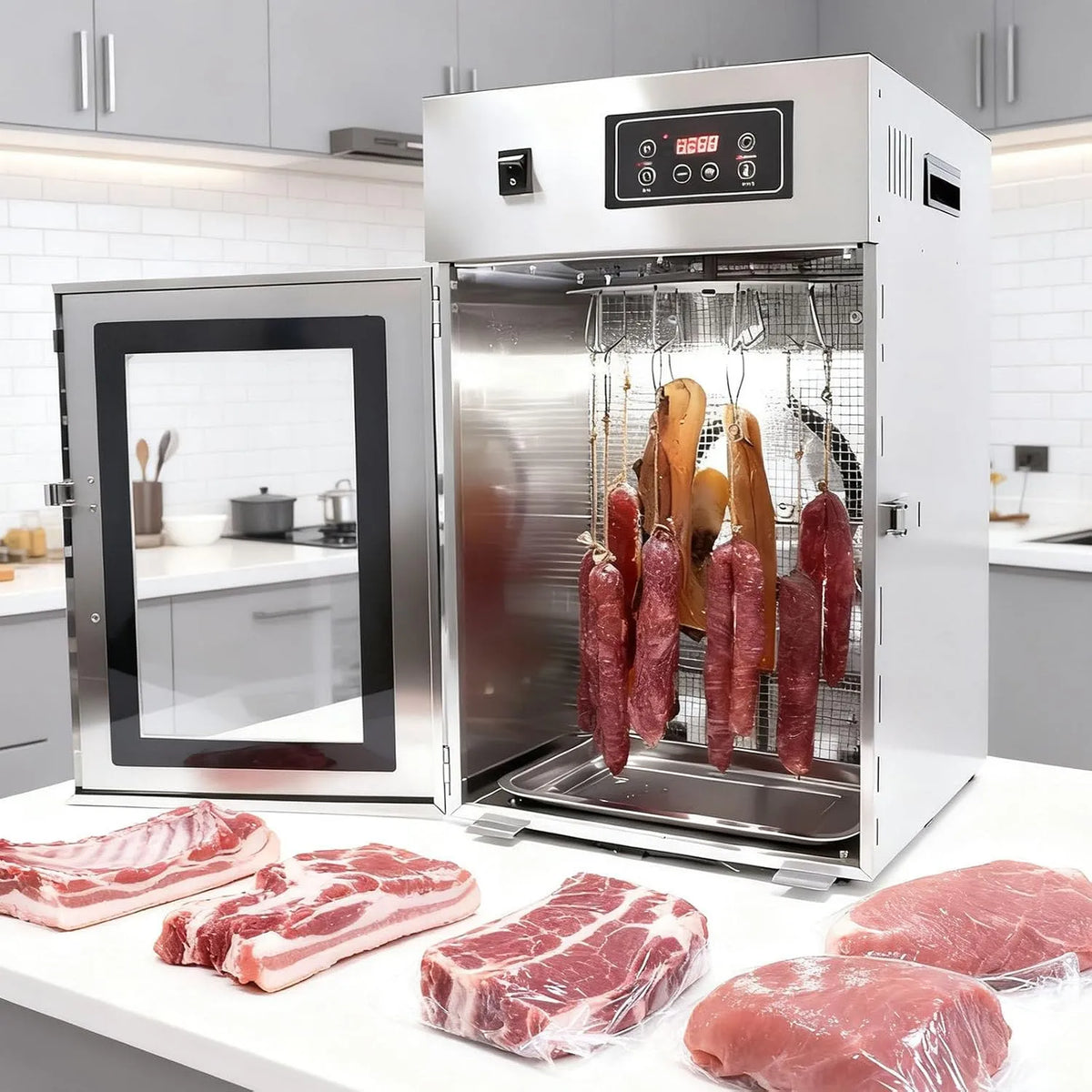 Trockenschrank, Reifeschrank, Dörrgerät, Lebensmitteltrockner, 30 bis 90 °C, 7.5 kg, Edelstahl, für Fleisch mit 14 Haken