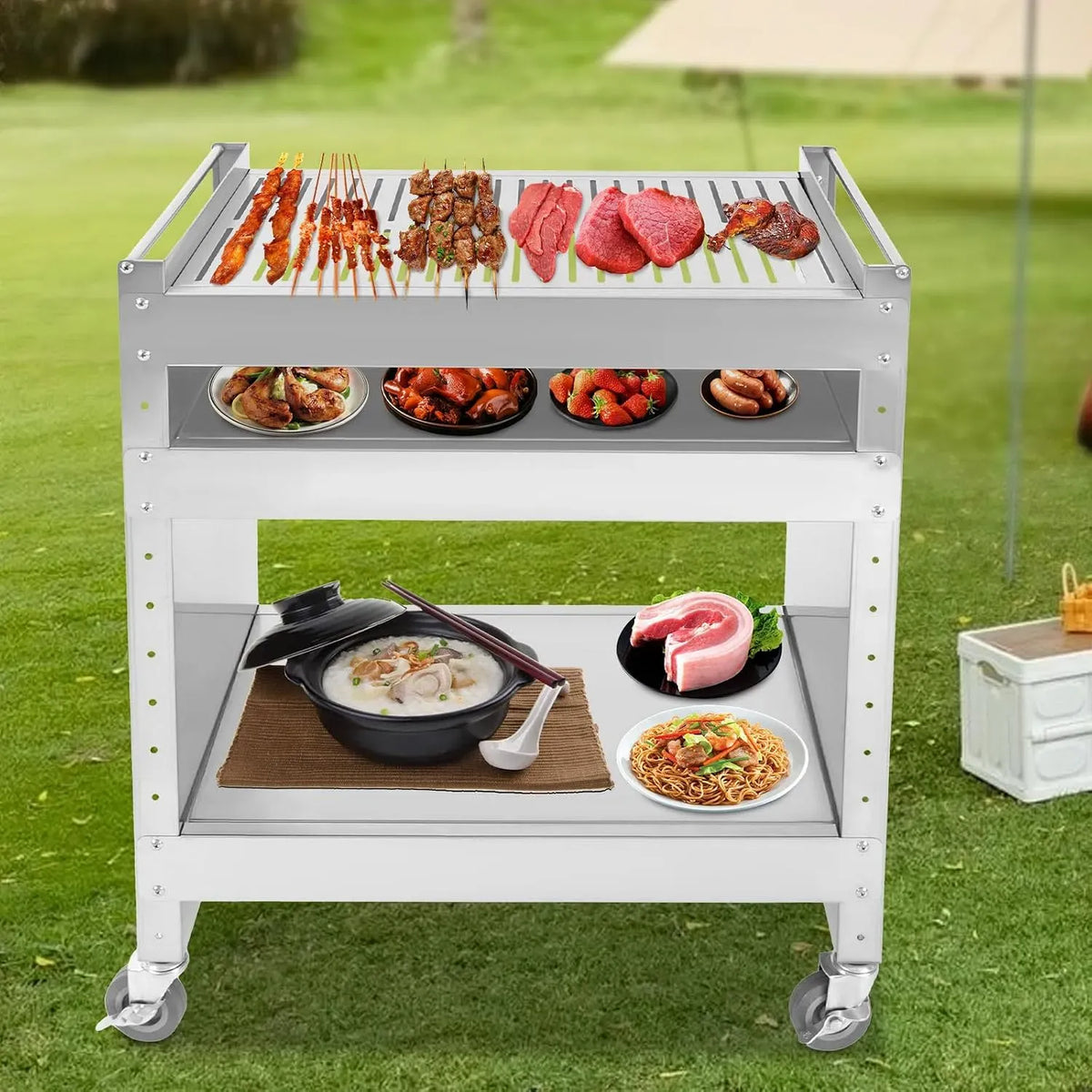 18-60cm Barbecue-Wagen, Picknickwagen, Grillwagen, Grilltisch, Outdoor-Arbeitstisch für Grill, 59 x 40.5 x 82 cm, 60 cm, Edelstahl, Garten Trolley