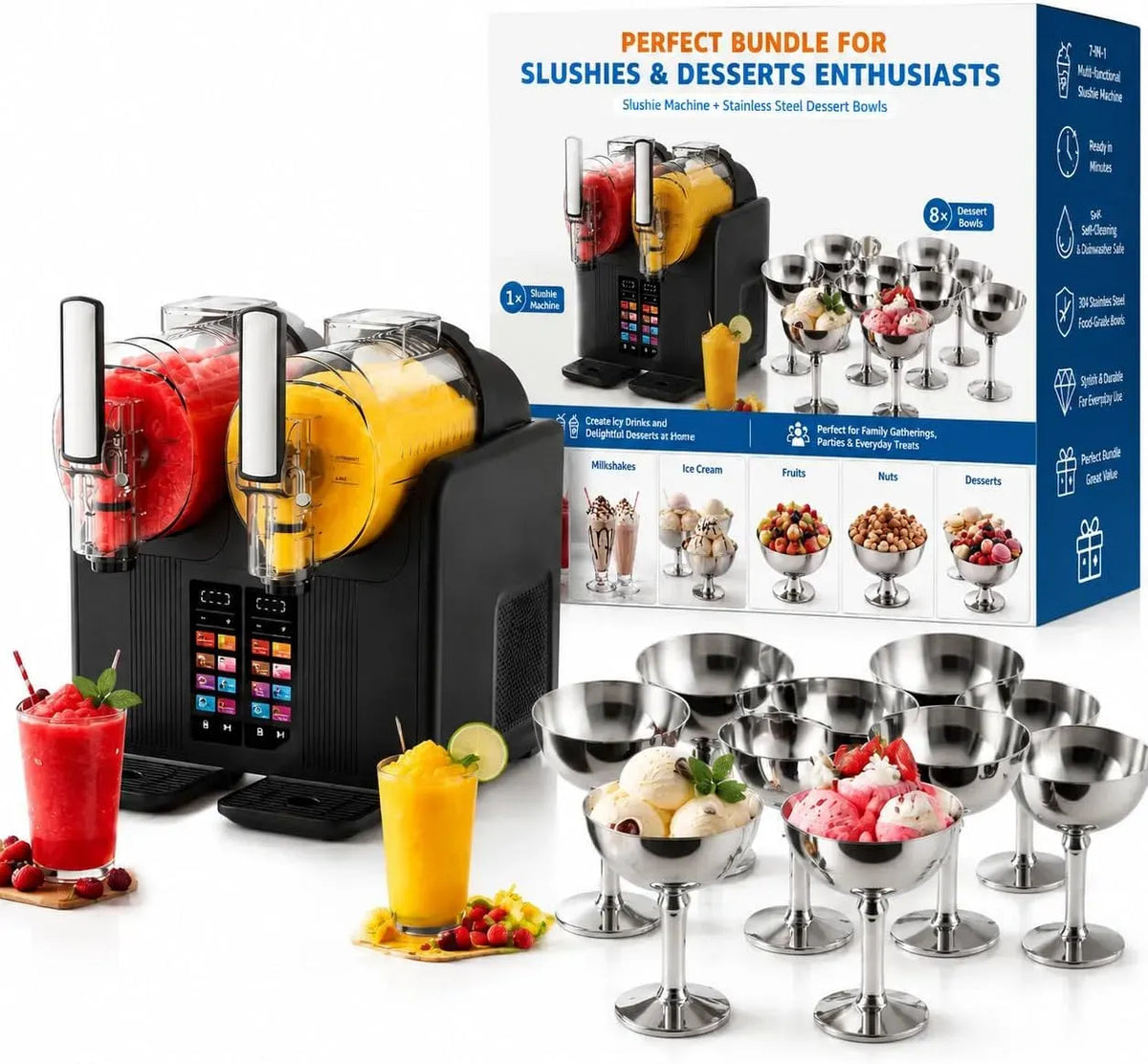 Slushie Maschine, Slush Maschine, Eismaschine, Eisbecher, Speiseeismaschine, Slush-Eisbereiter, 2 L, Edelstahl, 8 Stück