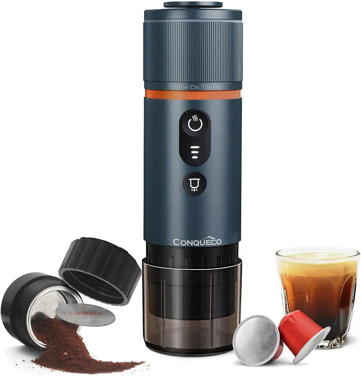 Espressomaschine, 12 V, CONQUECO, tragbar, Camping, 2 in 1 für gemahlenen kaffee und NS