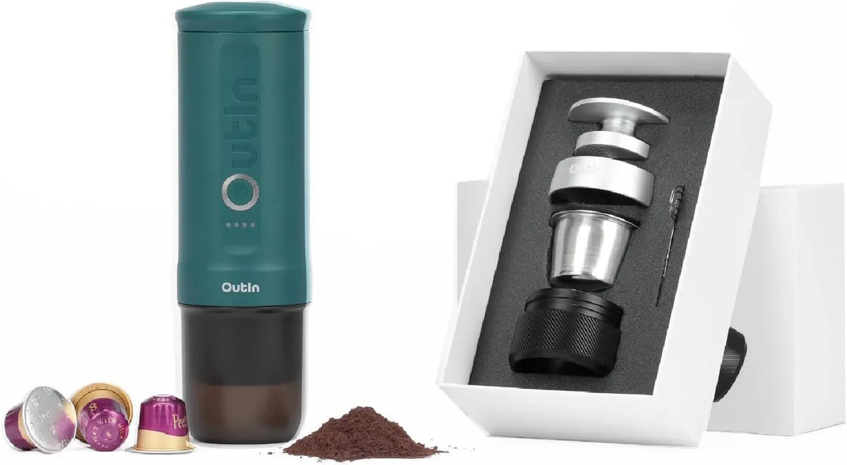 Espressomaschine, tragbar, Kaffeemaschine für Espresso, OutIn Nano Tragbare Elektrische Espressomaschine Nano Basket Plus im Set