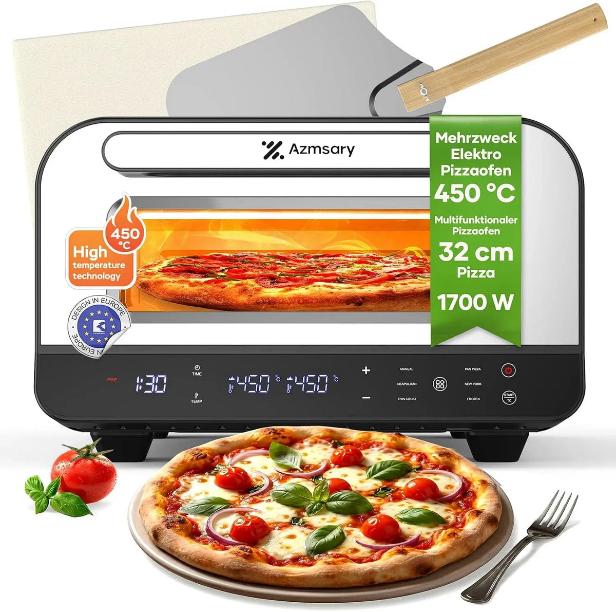 Elektrischer Pizzaofen 5-in-1-Multifunktion, 32cm, 1700 W, 6 Programme, Warmhaltefunktion, Grill, inklusive Pizzastein und Pizzaschaufel, Grillen