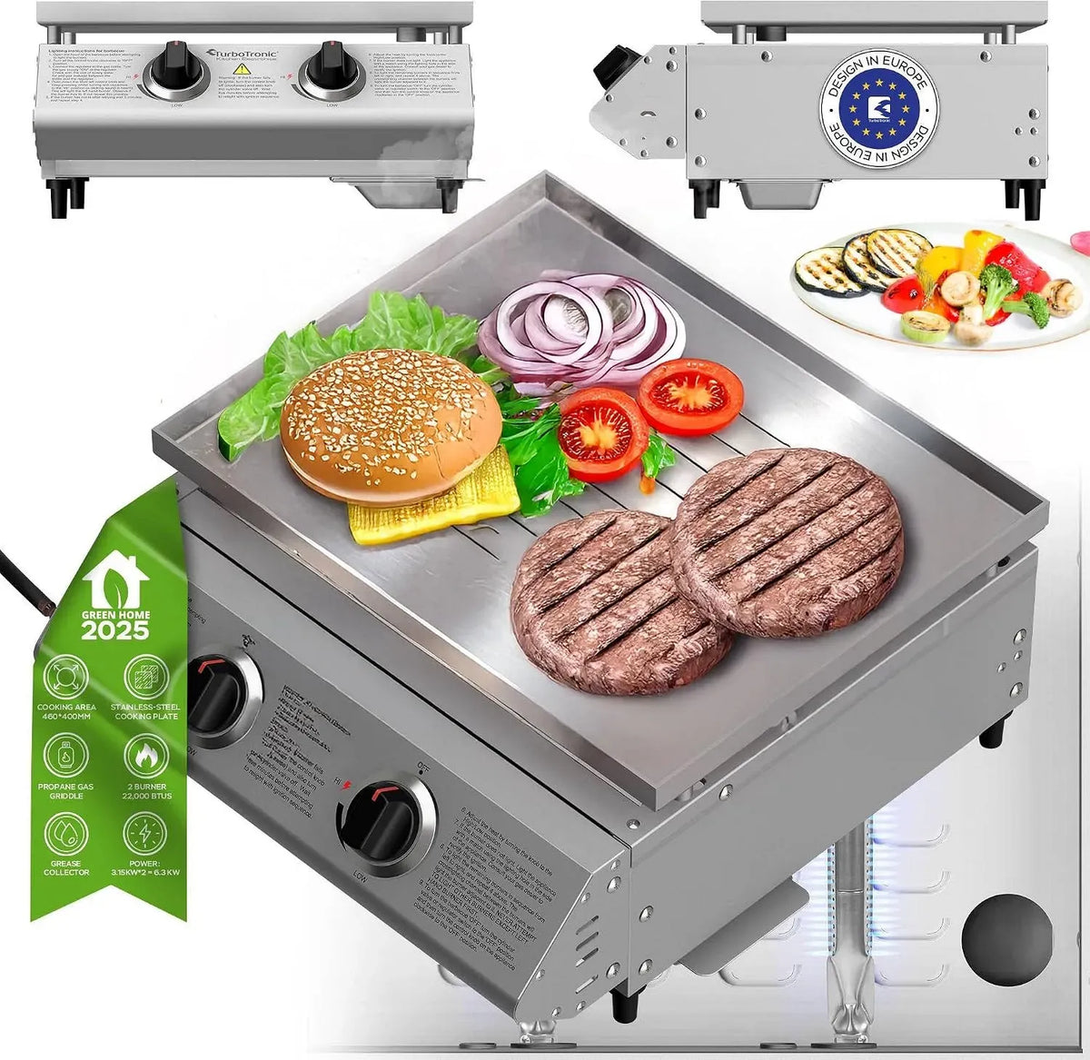 Gasgrill, Grill mit Gasbetrieb, 46 × 40 cm, 6,3 kW, 3,15 kW, Camping, Edelstahl, für perfekte Smash Burger