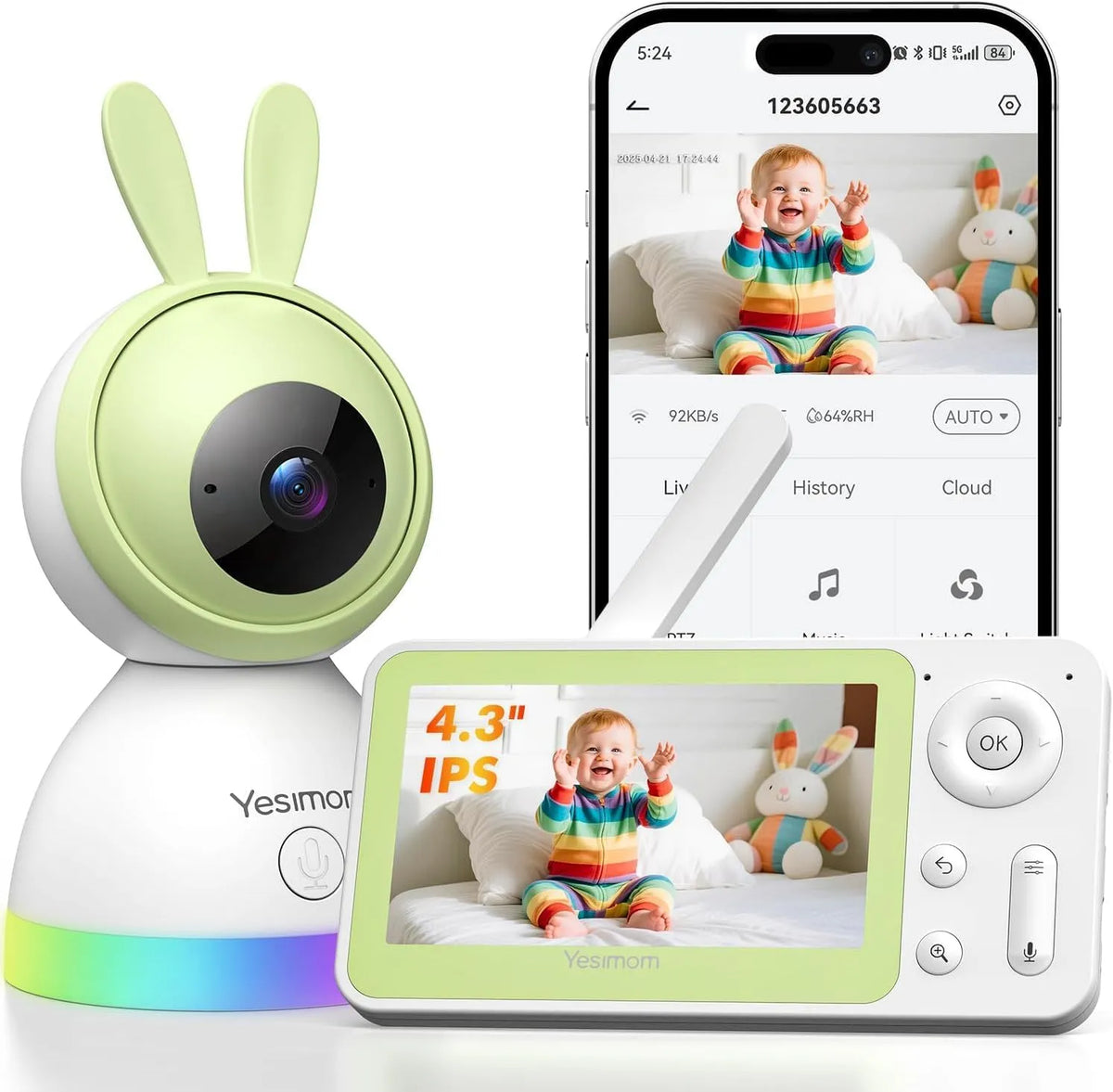 1080p Babyphone, Kamera, Babyüberwachungsgerät, tragbar, WLAN, kabellos, 4,3 Zoll