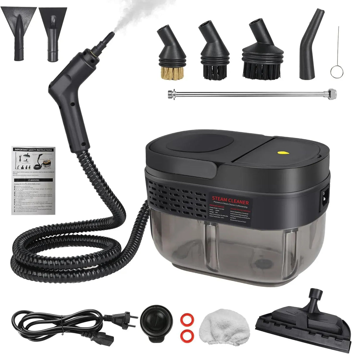 Dampfreiniger, 2500 W, Druckdampf, Digitalanzeige, Einsatz auf Böden, in Küche, Auto und an Fenstern, Schwarz, Steam Cleaner mit Bürstenaufsätzen