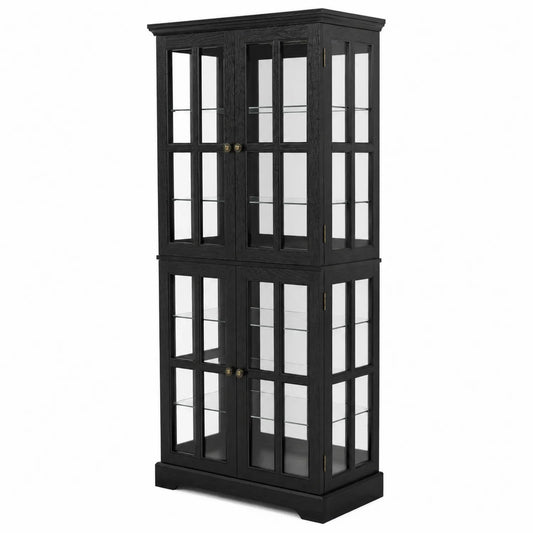 Vitrinenschrank aus Eiche mit Glastüren, Schwarz, 200x90x40cm