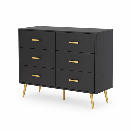Kommode 6 Schubladen MDF Schwarz mit Metallbeinen