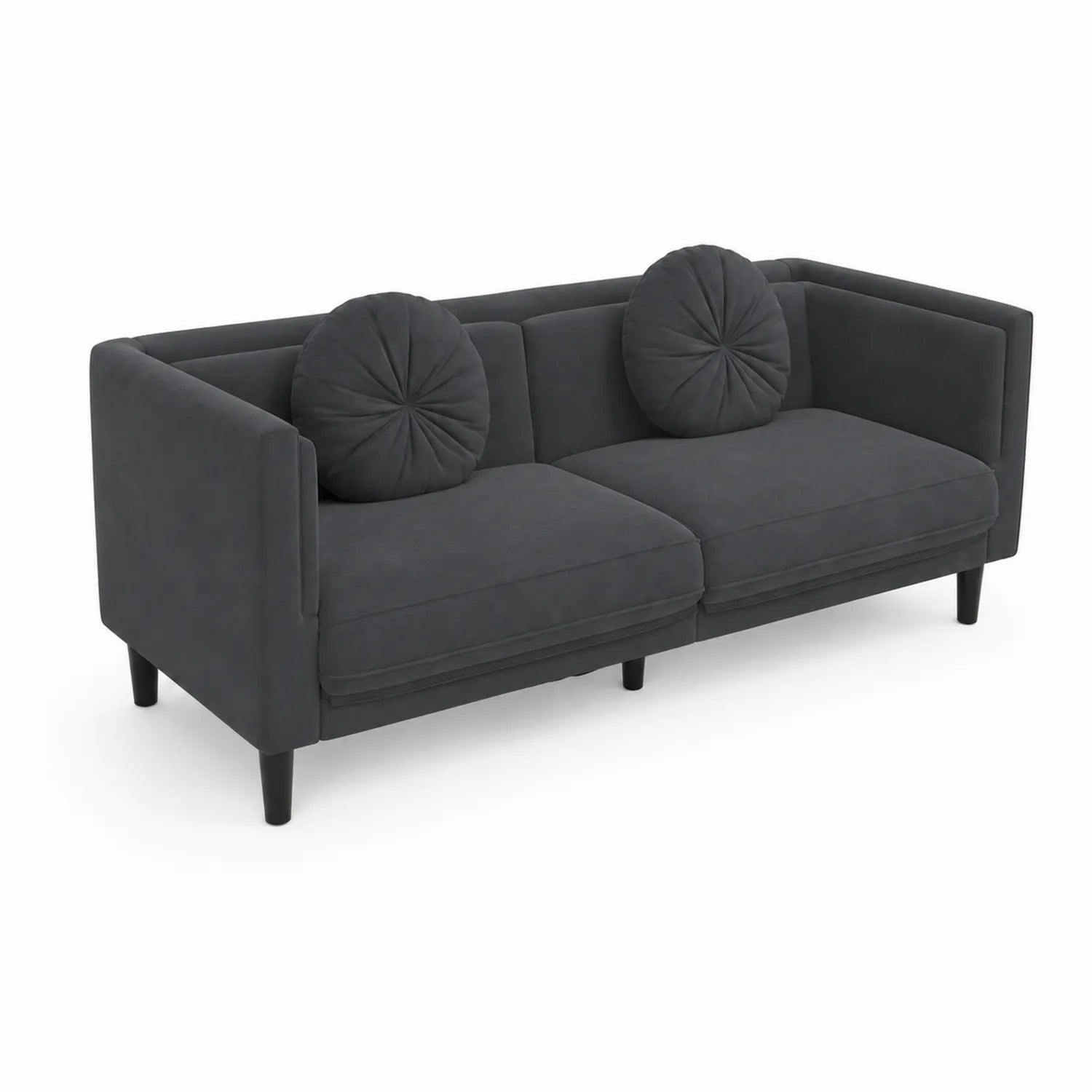2-Sitzer Sofa Dunkelgrau mit Samtbezug und Holzfüßen