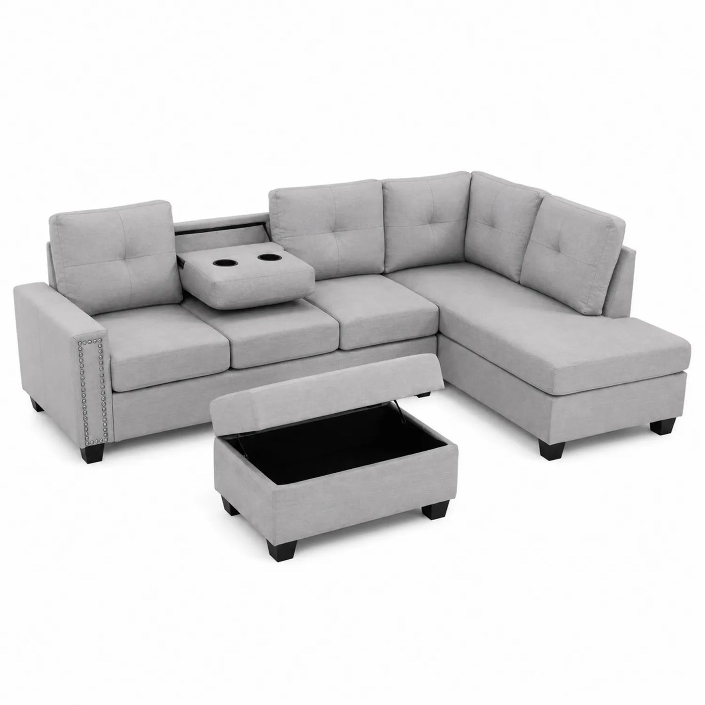 L-förmiges Sofa-Set mit Hocker Stoff Grau