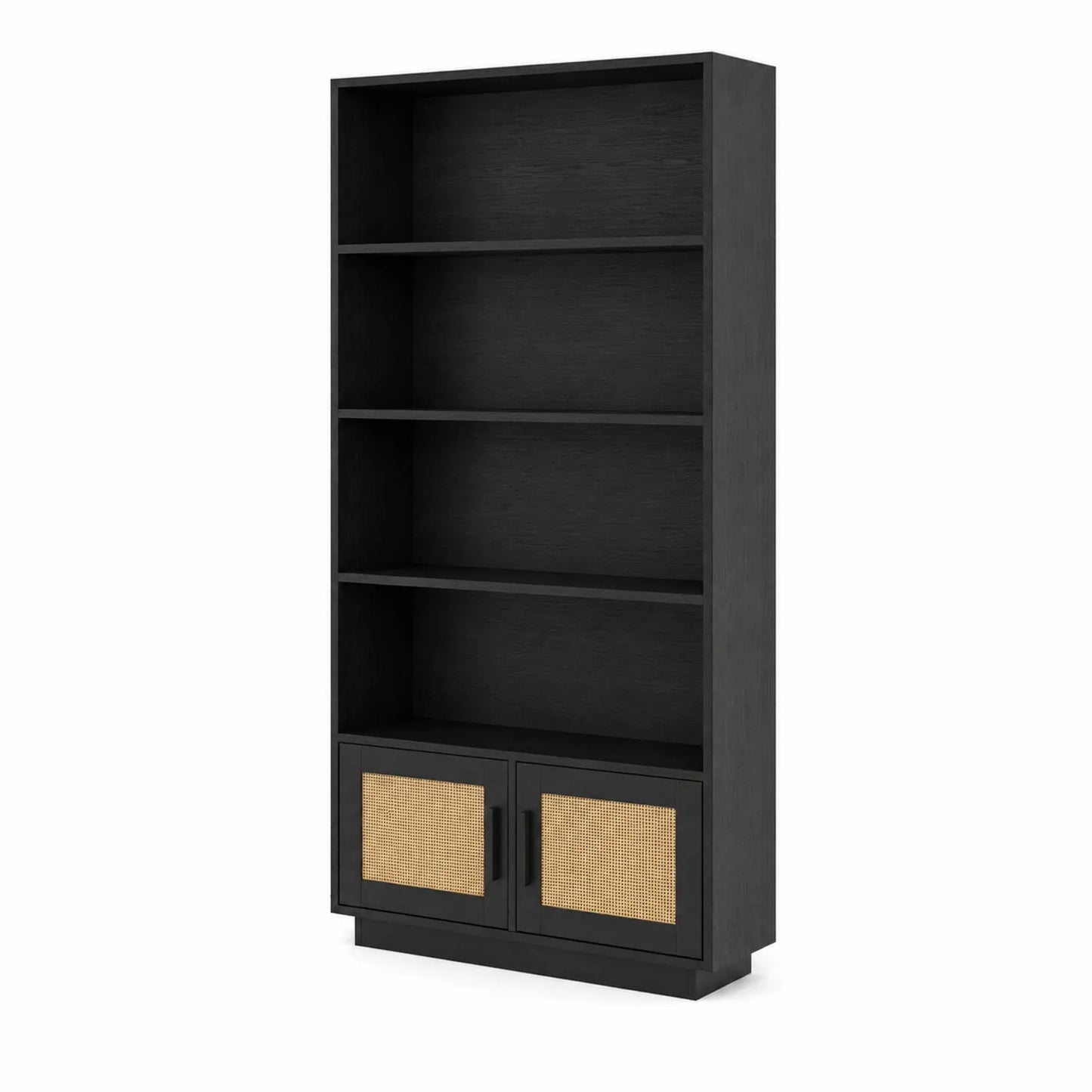 Schwarzes Regal aus Holz mit Geflecht-Einsätzen