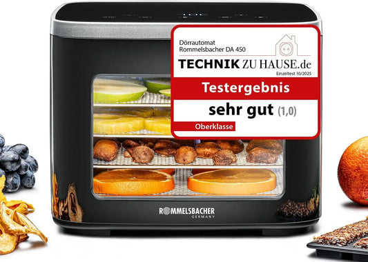 Rommelsbacher DA 450 Dörrautomat, Lebensmitteltrockner, 35 bis 80 °C, 0,2 m, Timer, LCD-Display, 2 Temperaturzonen, Edelstahl