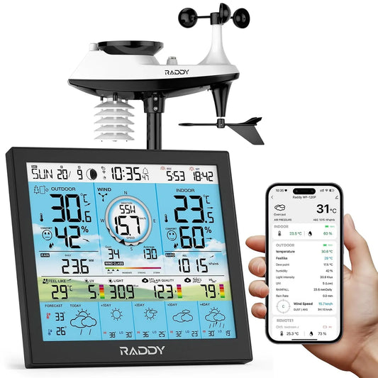 WF-120P 5-Tage Wetterstation, Außensensor, Funkwetterstation, WLAN, App, 2 Temperaturzonen, für Garten, Raddy