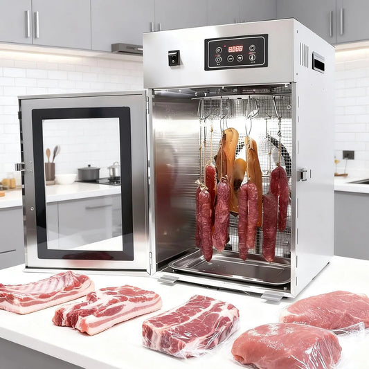 Trockenschrank, Reifeschrank, Dörrgerät, Lebensmitteltrockner, 30 bis 90 °C, 7.5 kg, Edelstahl, für Fleisch mit 14 Haken