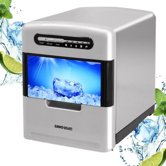 Eiswürfelmaschine, Edelstahl, Eiswürfelgrößen anpassbar, Edelstahl + Display + Kontrollleuchten