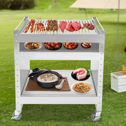 18-60cm Barbecue-Wagen, Picknickwagen, Grillwagen, Grilltisch, Outdoor-Arbeitstisch für Grill, 59 x 40.5 x 82 cm, 60 cm, Edelstahl, Garten Trolley