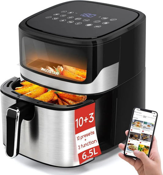 Heißluftfritteuse, 6,5 L, 1600 W, 12 Programme, Touch-Bedienung, Antihaftbeschichtung, Schwarz, Touchscreen, Antihaftbeschichtet