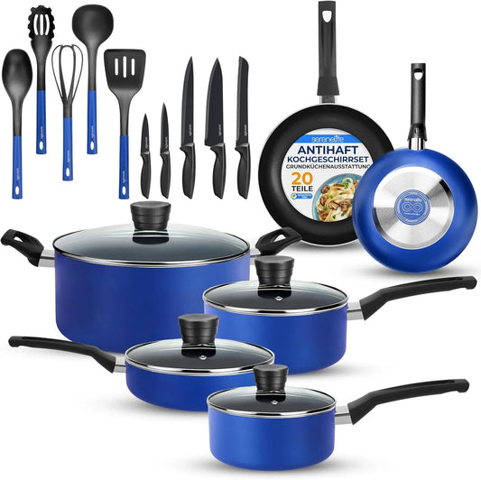 Geschirrspüler 20-Teilig, Spülmaschine, Antihaftbeschichtung, Blau, Antihaft Cookware Set Inkl, Elektro & Keramik, PFOA/PFOS frei