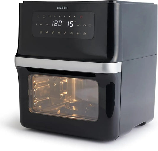 Heißluftfritteuse, 12 L, 1700 W, 8 Programme, BIGBEN, Warmhaltefunktion, LCD-Display, Schwarz, drehbarer Frittierkorb, LCD-Bildschirm, AIR