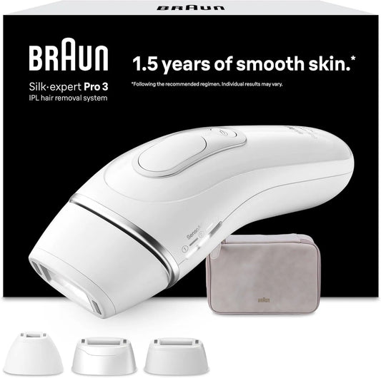 Braun PL3230 IPL Geräte Haarentfernung Silk·expert Pro 3, Weiß/Silber, für Alternative Laser Haarentfernung für Zuhause, Etui Und 3 Aufsätze