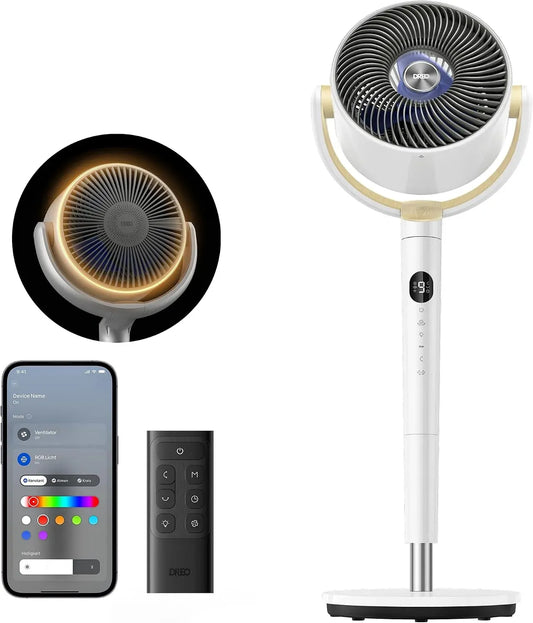 Ventilator 90ft, 20 dB, Timer, leise, Weiß, Ventilator zur Luftzirkulation, Dreo Smart Standventilator mit RGB Light