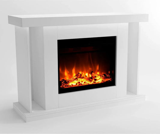 Elektroheizung, 120x84x38 cm, Weiß, elektrischer Kamin mit LED-Feuer in 3 Farben, GF Core Elektrokamin mit Heizung und Kaminfeuer, Standkamin TARVOS