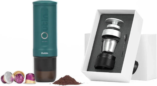 Espressomaschine, tragbar, Kaffeemaschine für Espresso, OutIn Nano Tragbare Elektrische Espressomaschine Nano Basket Plus im Set