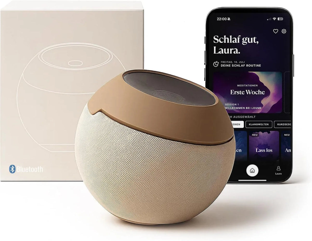 Naturklänge und White Noise, Loume® Einschlafhilfe mit rotem Einschlaflicht, Atemtechnik & geführte Meditation, App-gesteuert für besseren Schlaf