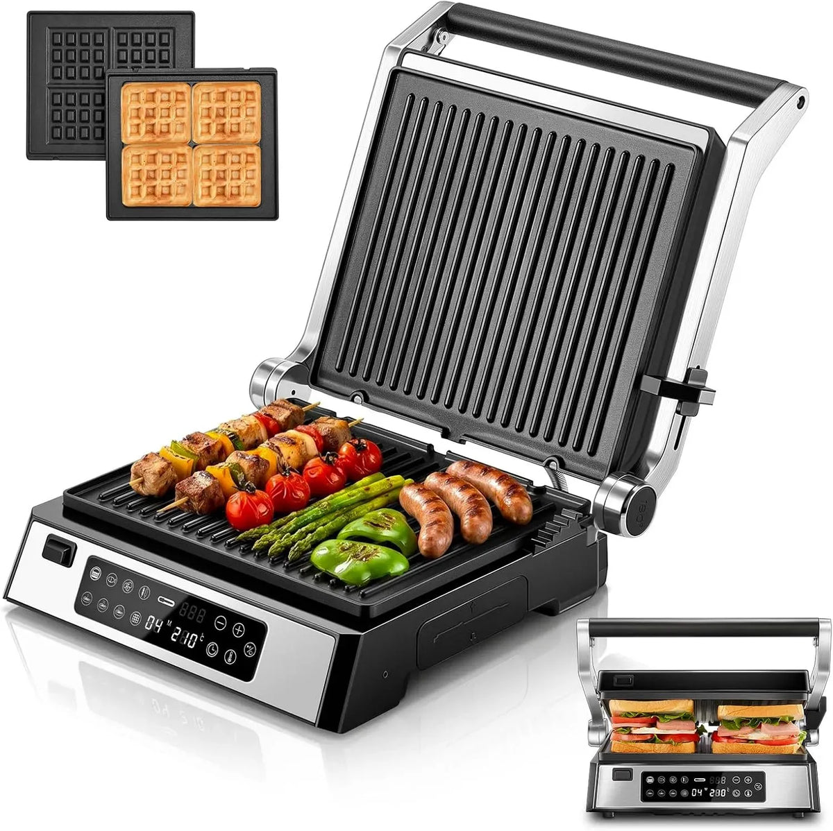 SandwichMaker, Kontaktgrill, Waffeleisen, Kontaktgrill und Paninigrill, Waffelautomat, FOHERE XL