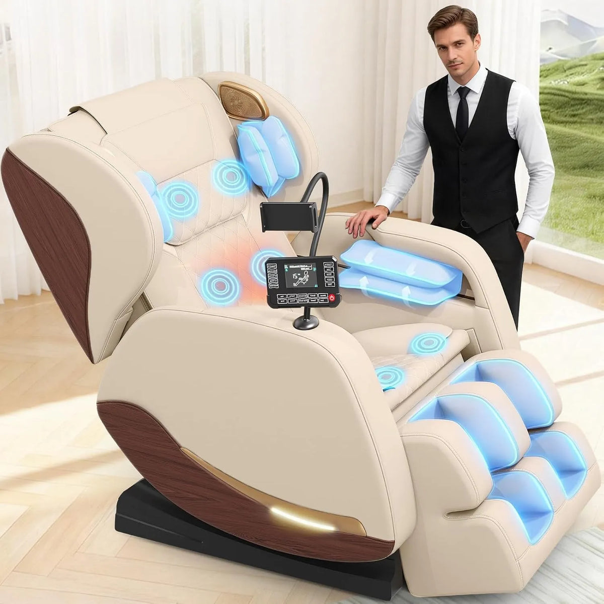 Relax- und Massagesessel, 12 cm, Transportrollen, Touch-Bedienung, Bluetooth, 12 cm verstellbare Fußstütze, Touchscreen-Controller, 8 Airbags