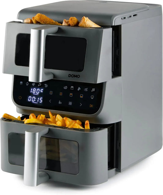 Heißluftfritteuse, 10 L, 2500 W, DOMO DO550FR, Touch-Bedienung, Grau, LED Touchdisplay mit Sichtfenster, Spart 30% Platz