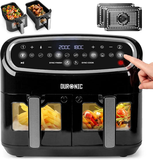 Heißluftfritteuse, 10 L, Duronic AF24, elektrische Fritteuse ohne Öl, BK Heißluftfritteuse 10L XXL Dual Zone Airfryer mit 2 x 5l