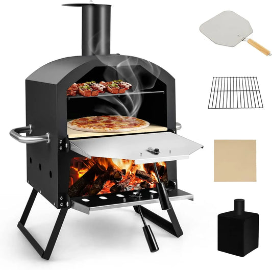 Elektrischer Pizzaofen, COSTWAY 2-lagigem, Outdoor, IP65, Grill, Camping, hitzebeständigen Griffen & klappbaren Beinen, Pizza Ofen mit Grillrost