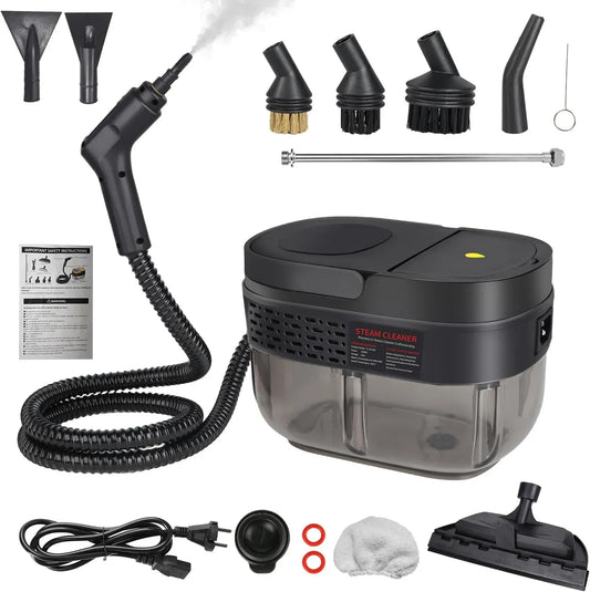 Dampfreiniger, 2500 W, Druckdampf, Digitalanzeige, Einsatz auf Böden, in Küche, Auto und an Fenstern, Schwarz, Steam Cleaner mit Bürstenaufsätzen
