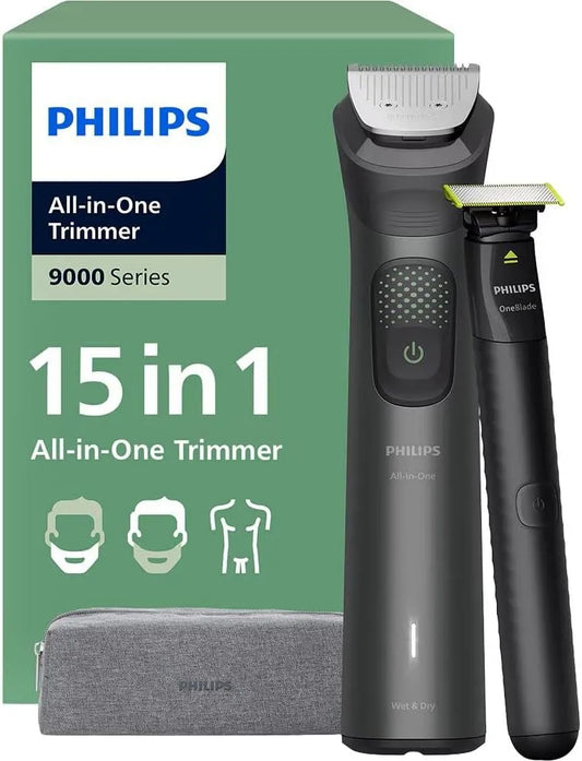 Philips Series 9000 15-in-One Head and Body, Multigroom Series 9000, 15-in-One Beard Trimmer and Hair Clipper with OneBlade, 2x Original Blades for